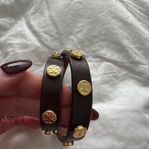 Tory Burch Dark Brown Leather Bracelet with Gold Emblems